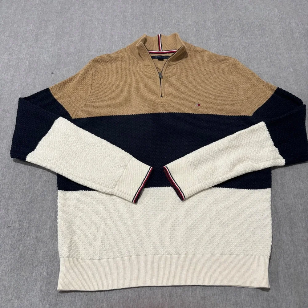 Tommy Hilfiger Mens Large Quarter Zip Cotton Colorblock Sweater Tan Navy Cream